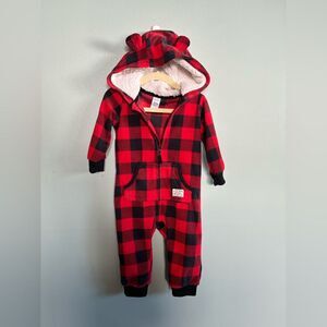 Carters Red and Black Plaid Bear Ears Hooded Cozy One Piece Sz 12 months